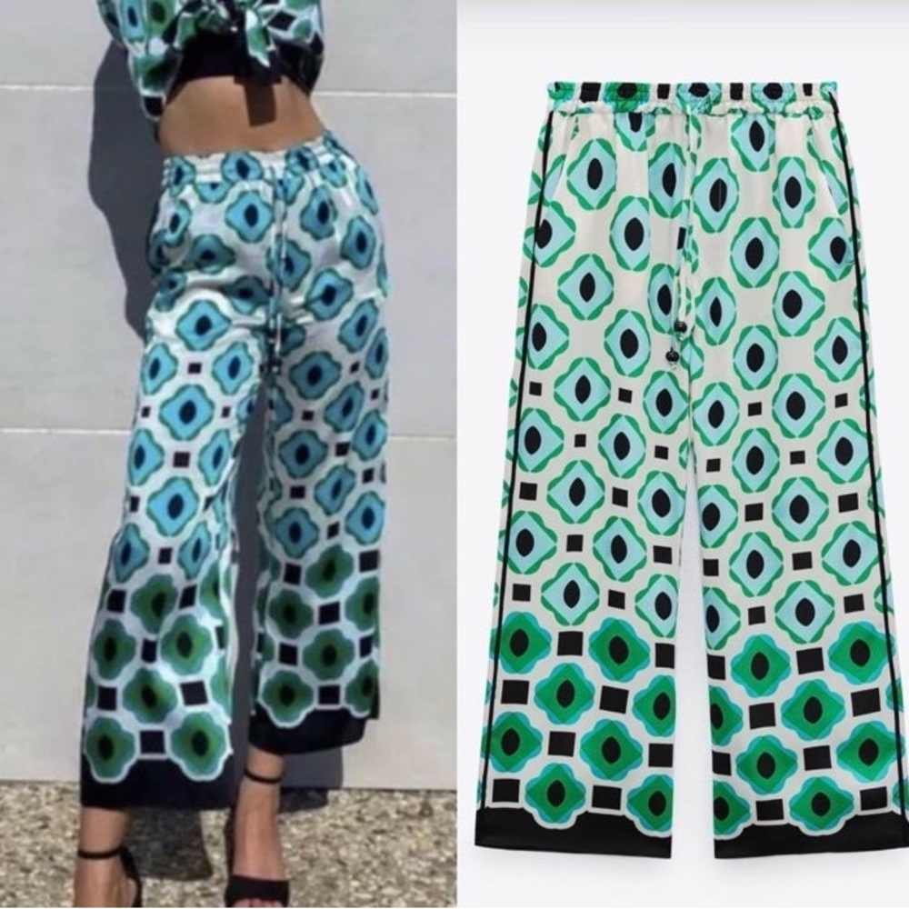 Zara Geometric Patterned Pants - Blue, Green, Black